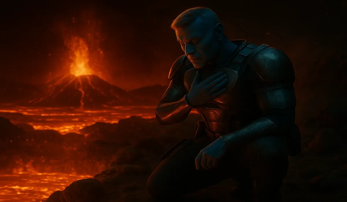 Avatar Fire and Ash cast and crew Quaritch kneeling before magma pit lit by firelight.