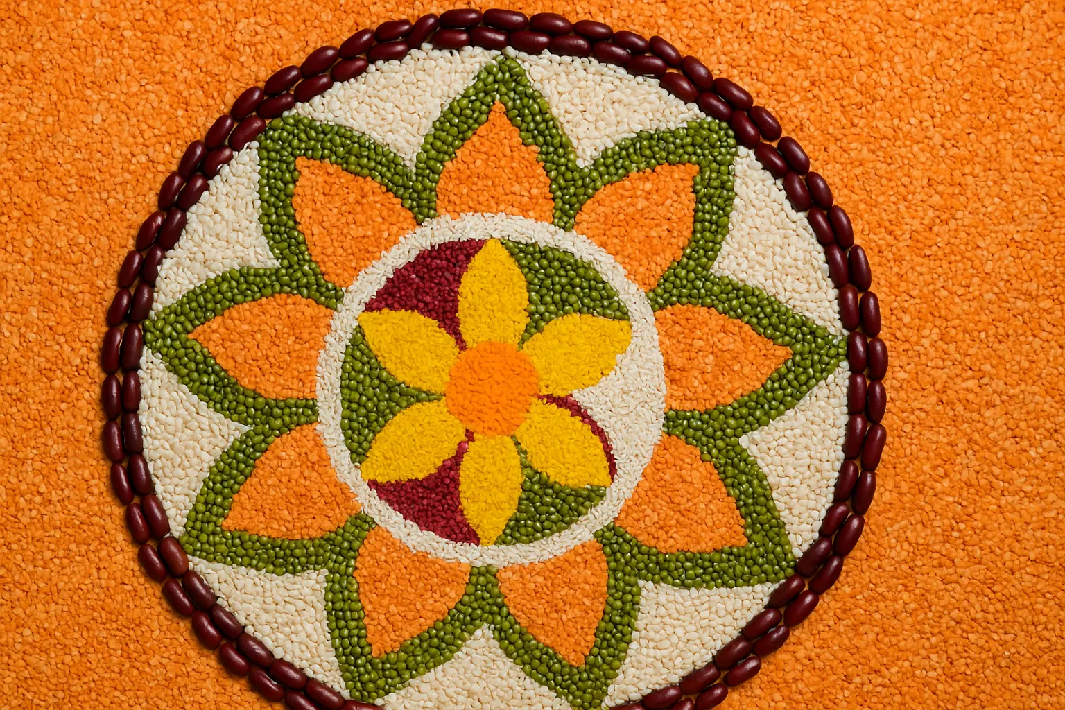 grain-based eco-friendly rangoli design with natural colors