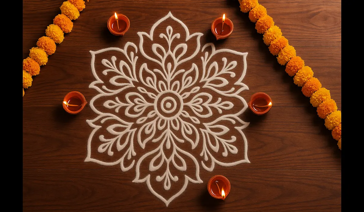 White rice flour used for organic Rangoli outlines and base.