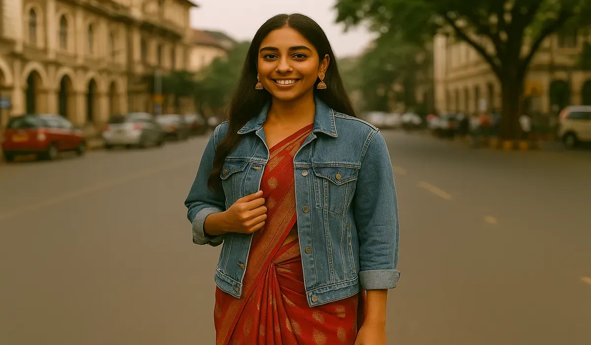 Indian woman styling saree with denim jacket USA-inspired.