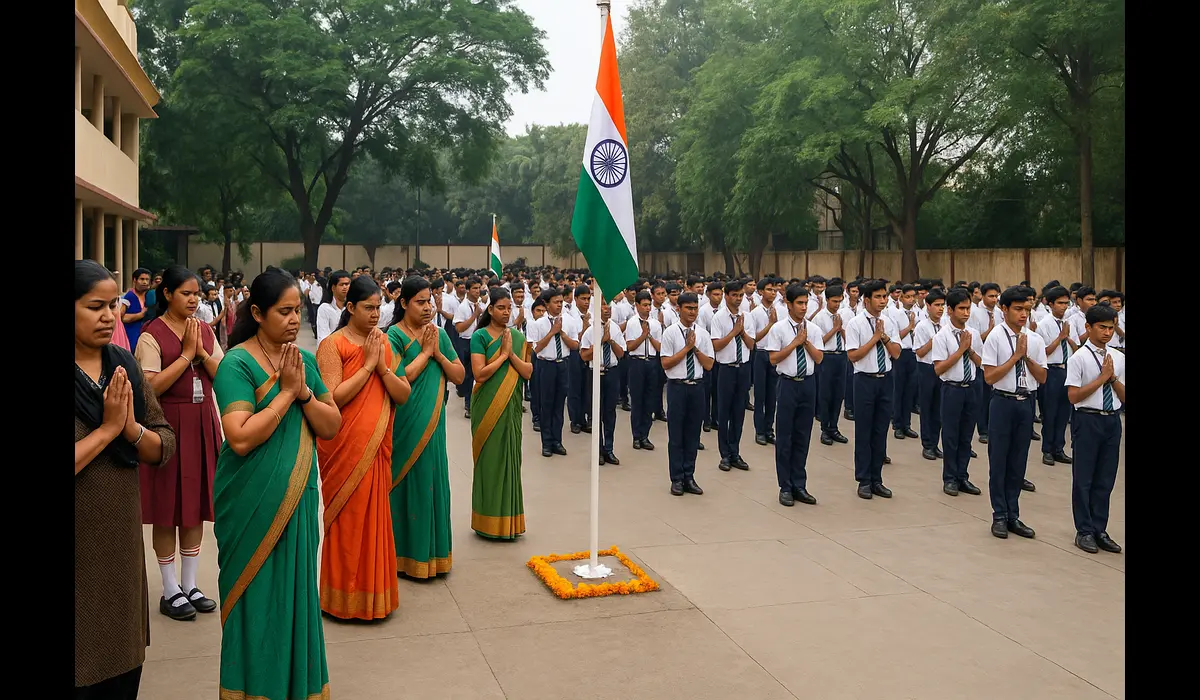 Students and teachers honoring Gandhi Jayanti with prayer at an Indian school