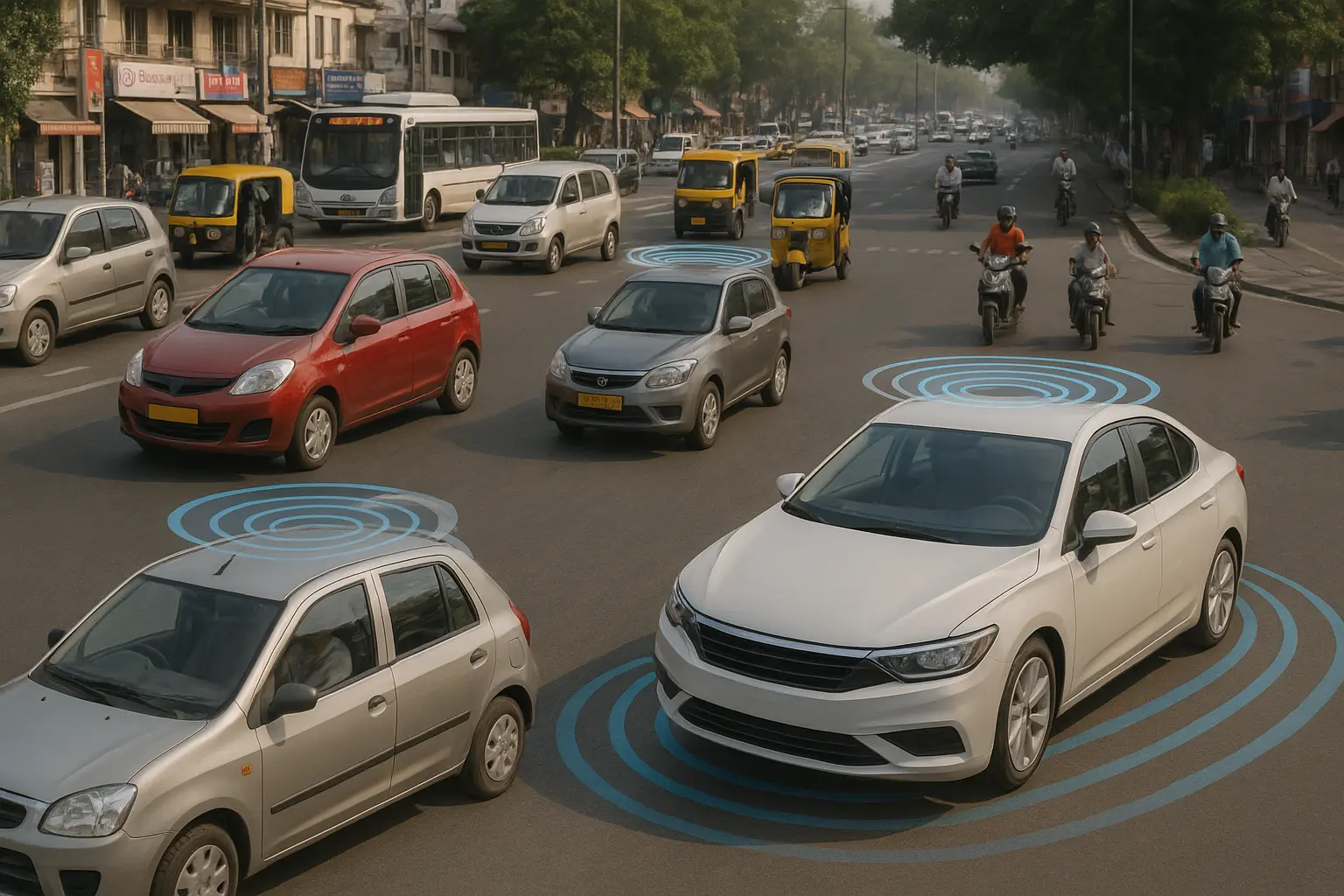 India self-driving car prototype navigating urban traffic.