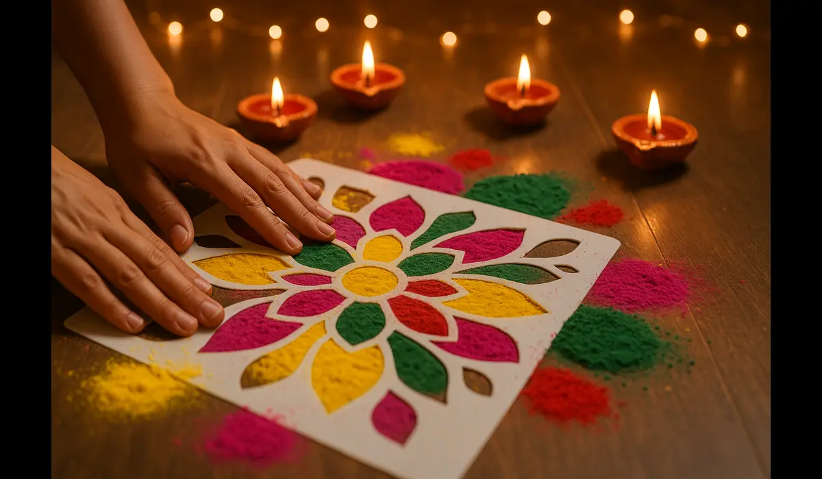 Using a stencil from Amazon’s top-selling Diwali Rangoli kit with diyas.