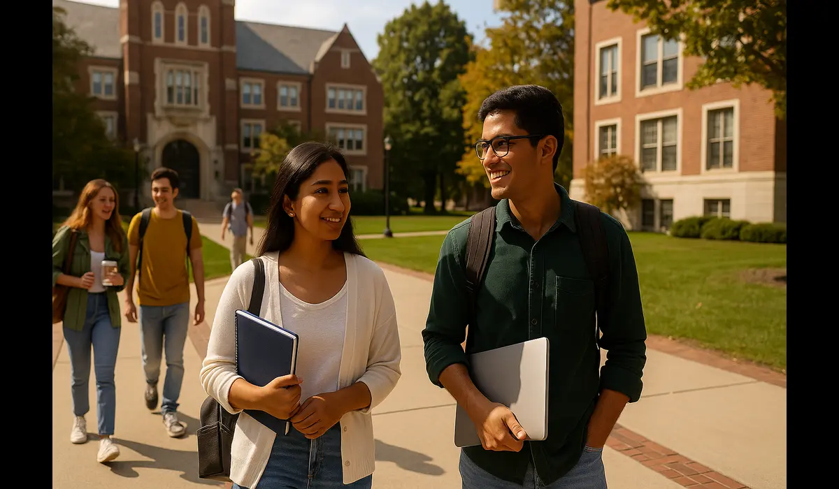 International students on U.S. campus studying higher education.