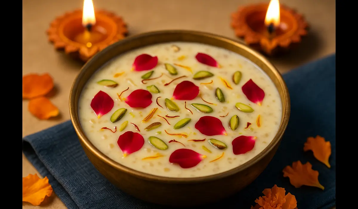 Healthy Diwali food recipes sugar-free kheer with saffron and nuts.