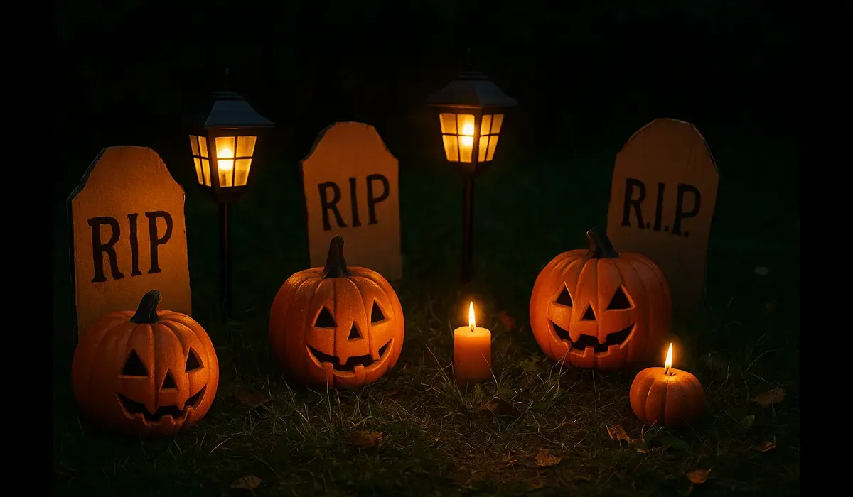 Eco-friendly Halloween decorations with reusable faux pumpkins, solar lanterns, and cardboard tombstones in a sustainable yard display.