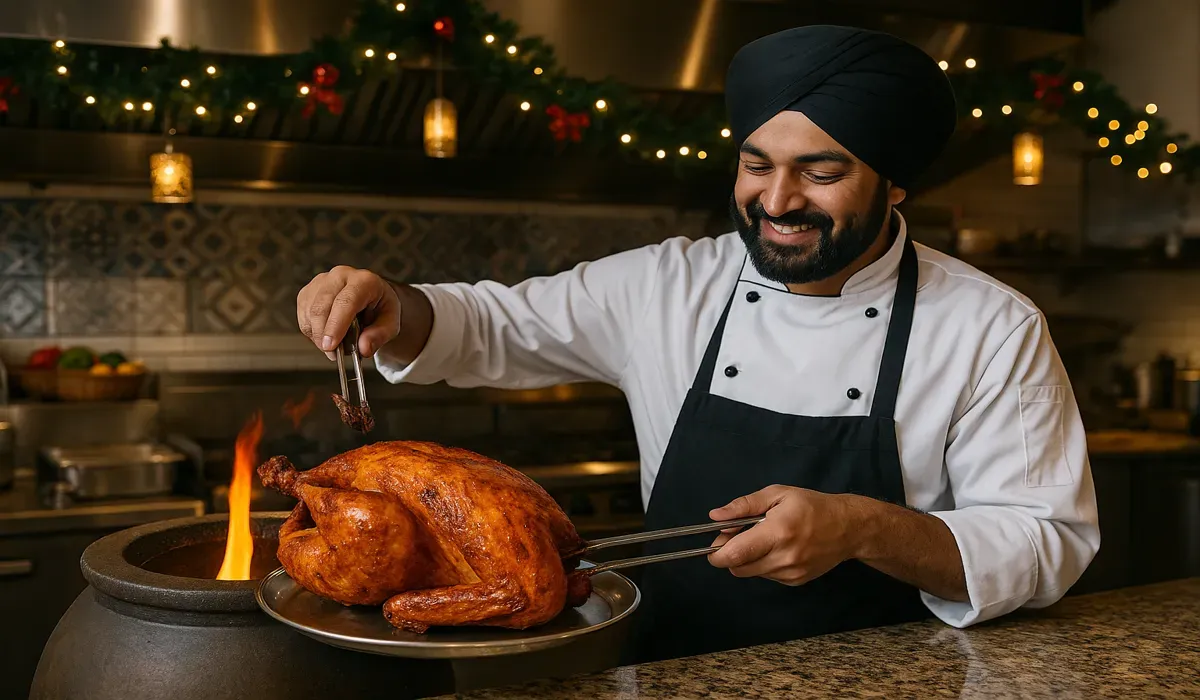 Chef cooking Christmas special tandoori turkey at Indian restaurant in USA.