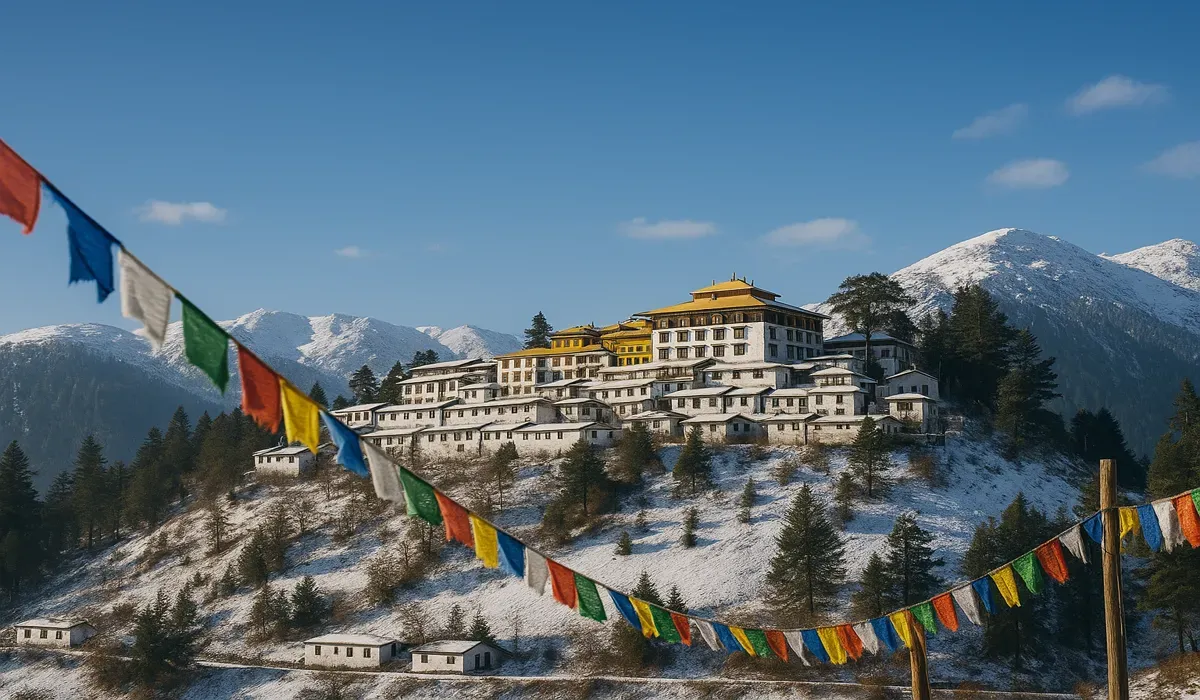 Tawang monastery with prayer flags and snowy hills — offbeat Indian destinations to explore before the New Year begins.