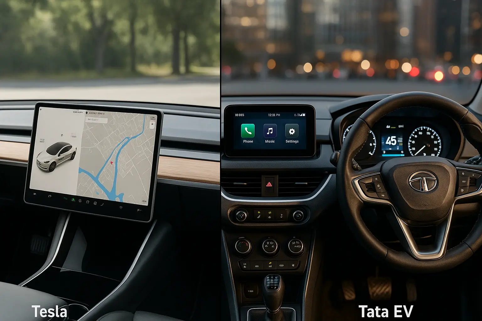 Tesla vs Tata EVs technology and dashboard design comparison.