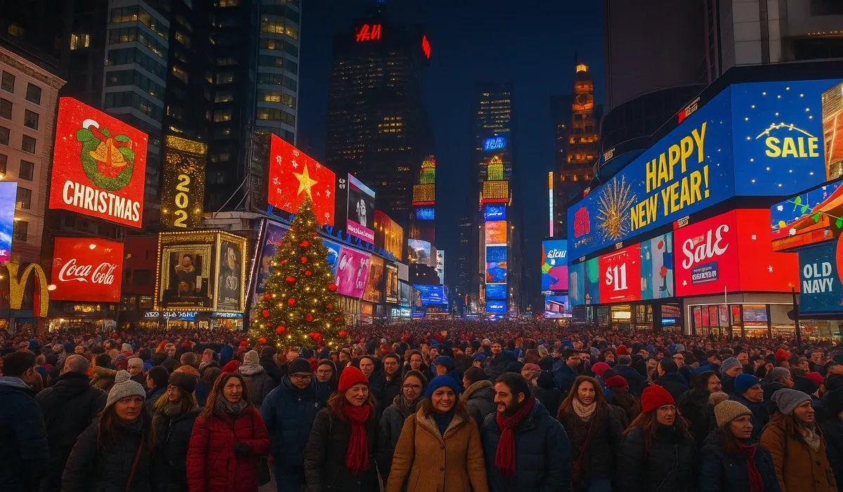 Christmas in New York USA festive celebrations at Times Square.