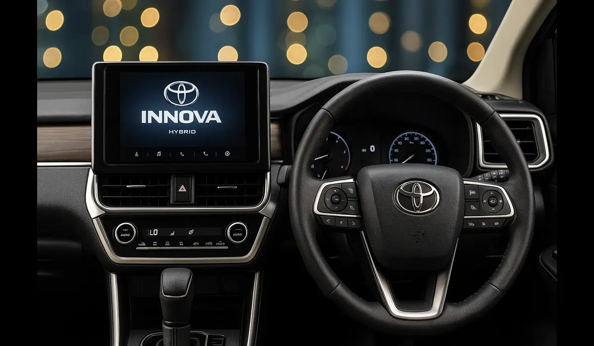 Toyota Innova 2025 dashboard infotainment system and steering wheel interior.