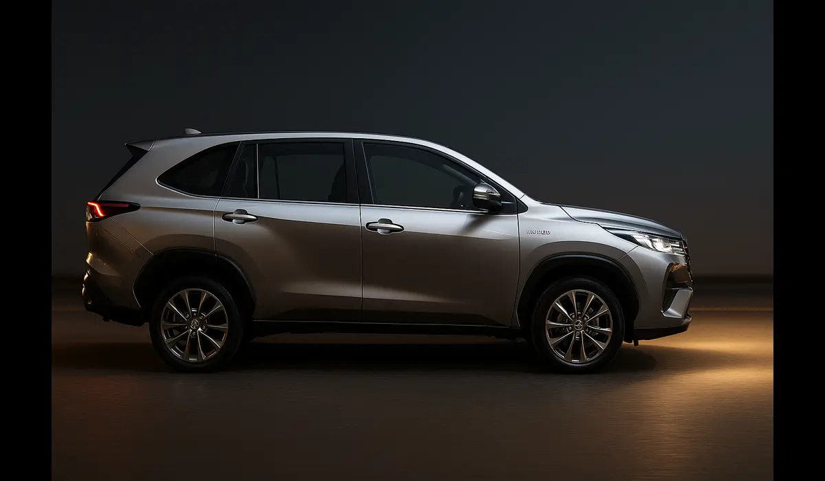 Toyota Innova 2025 Hybrid edition side view on illuminated road.