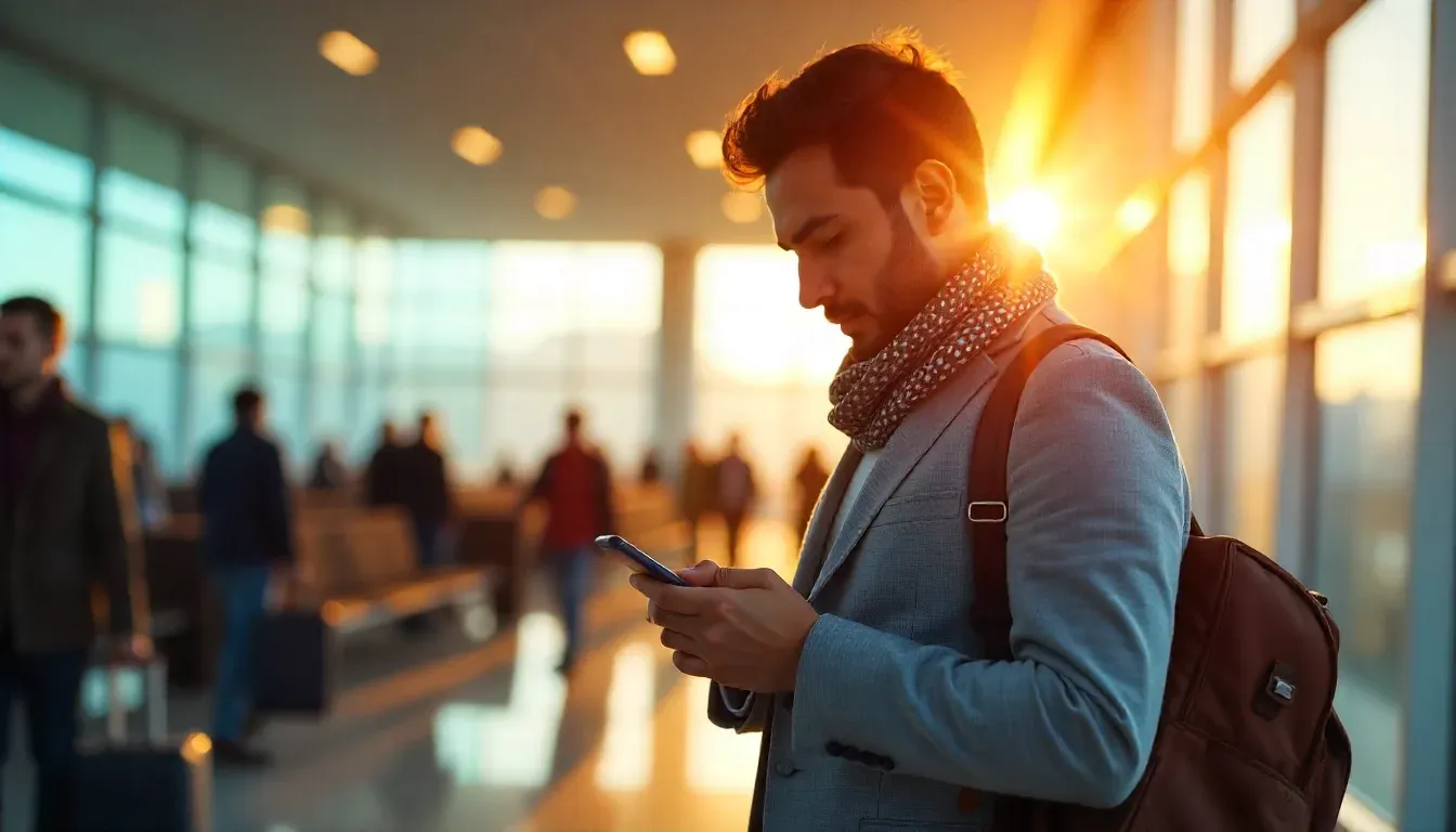 Business traveler using budgeting apps in 2025 for global expenses.