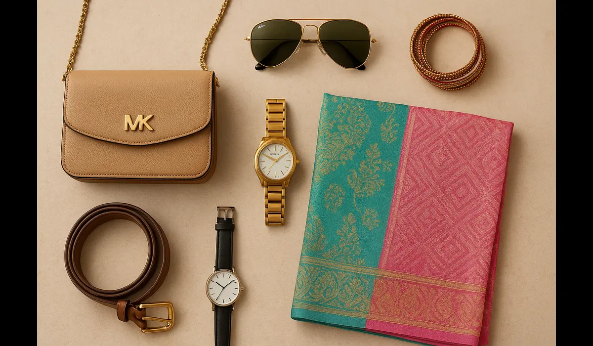 Flat lay showing USA accessories to elevate Indian outfits.