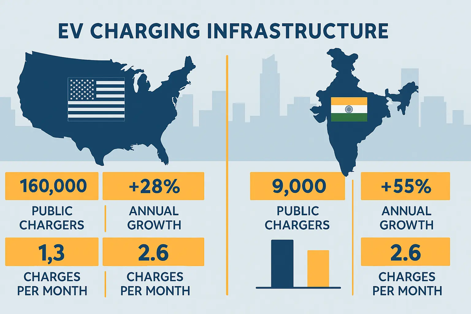 ev charging infrastructure USA vs India infographic