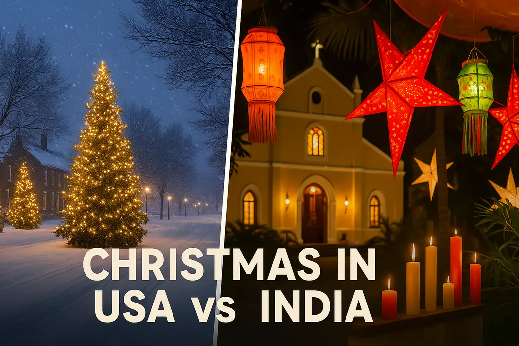Visual comparison of Christmas in USA vs India festive styles.