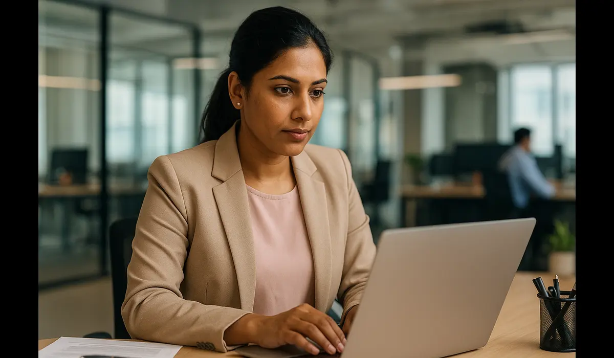 7 Game-Changing USA Workwear Fashion Ideas Every Indian Professional Must Try USA workwear fashion ideas for Indian offices—woman in pastel blazer at desk.
