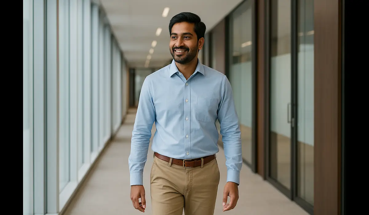 Indian professional in USA-inspired workwear at office.