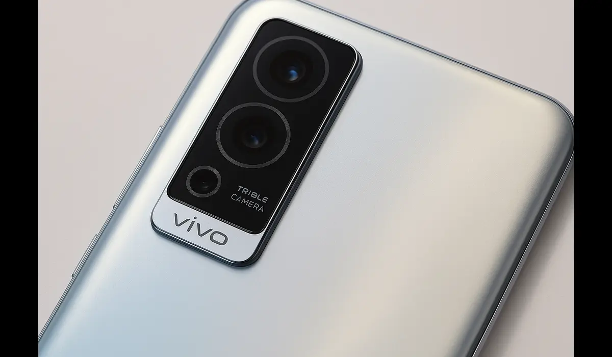 Close-up view of Vivo V60e triple camera module with polished metallic back