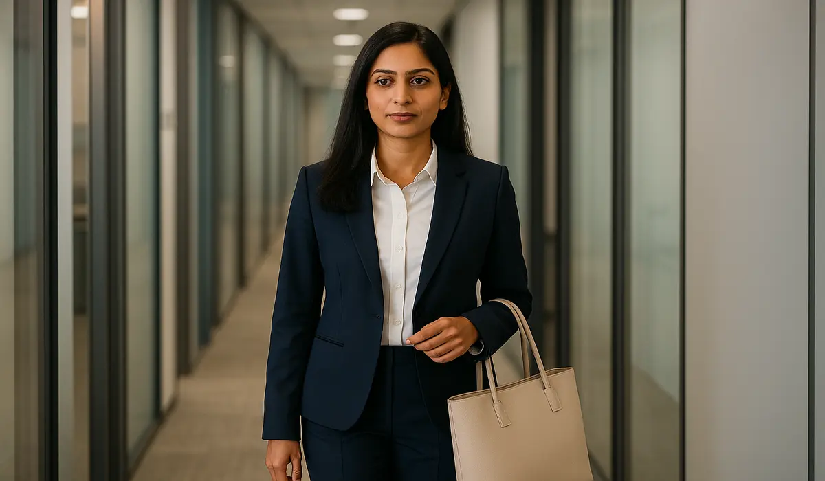 Western classic workwear fashion for Indian women with navy blazer and trousers.