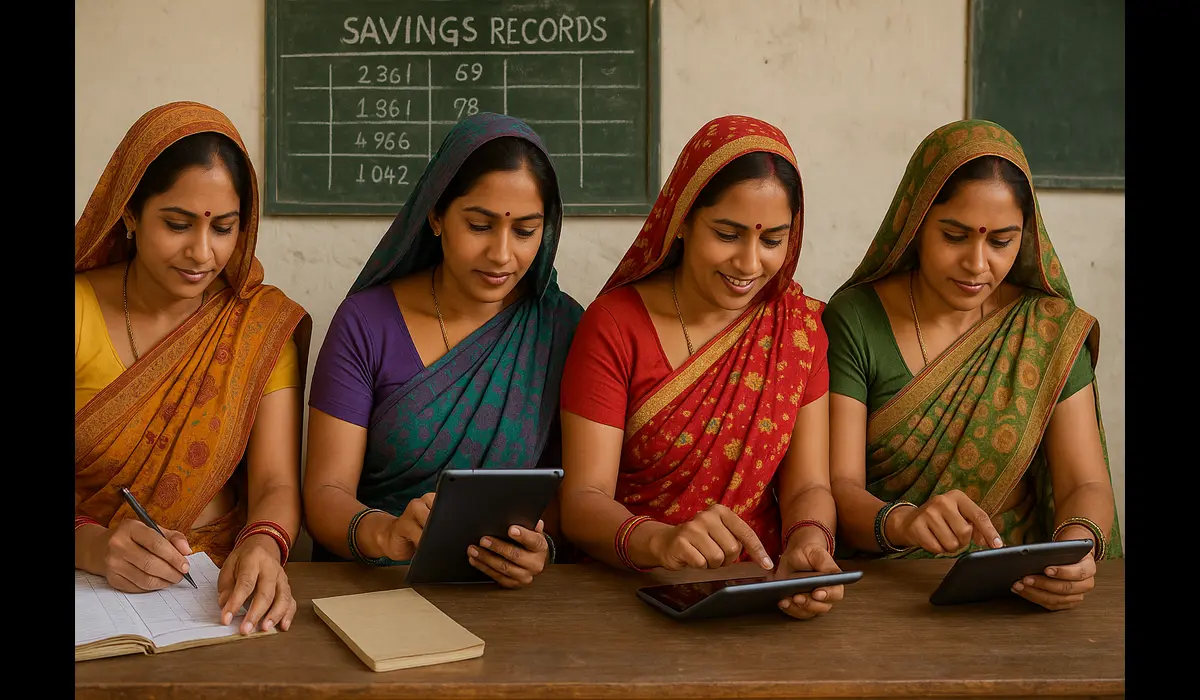 Women-led finance movement in India showcasing digital inclusion.