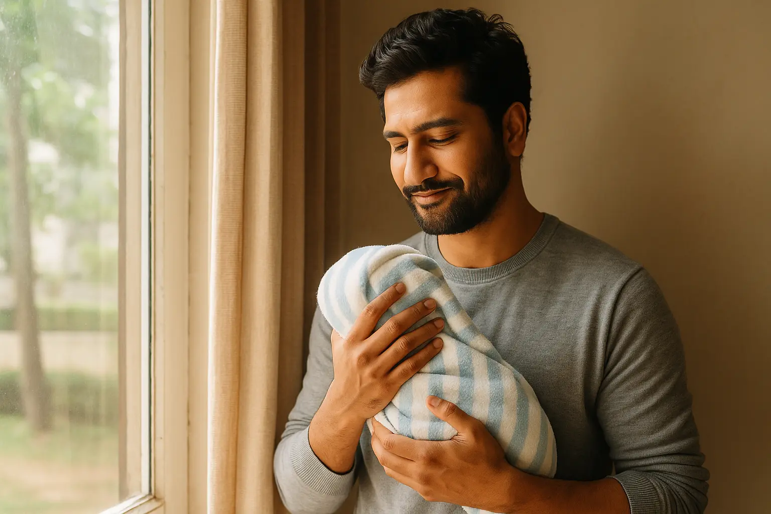 man holding a baby blanket near a sunlit window
