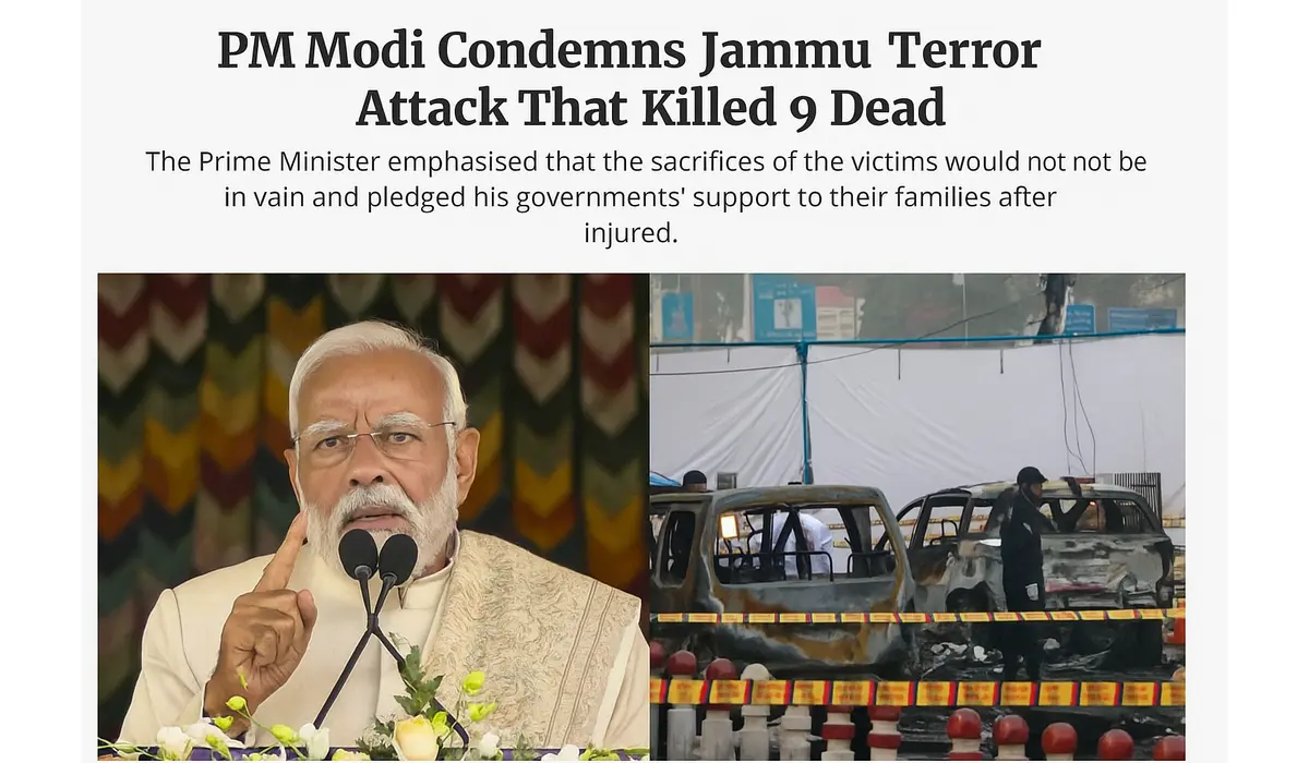 Delhi Blast: Modi’s Strongest Statement Yet PM Narendra Modi speaking at an event as police investigate burnt vehicles after the Jammu terror attack.