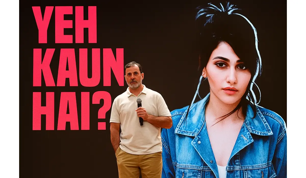 Brazilian Model Larissa Bonesi Caught in Haryana Vote Controversy That Shook the Internet political figure presenting image at Haryana press event