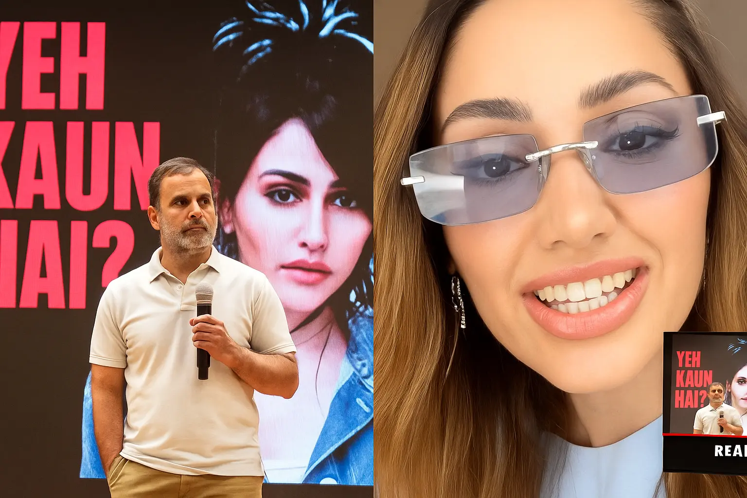 split-screen showing political press event and social media reaction