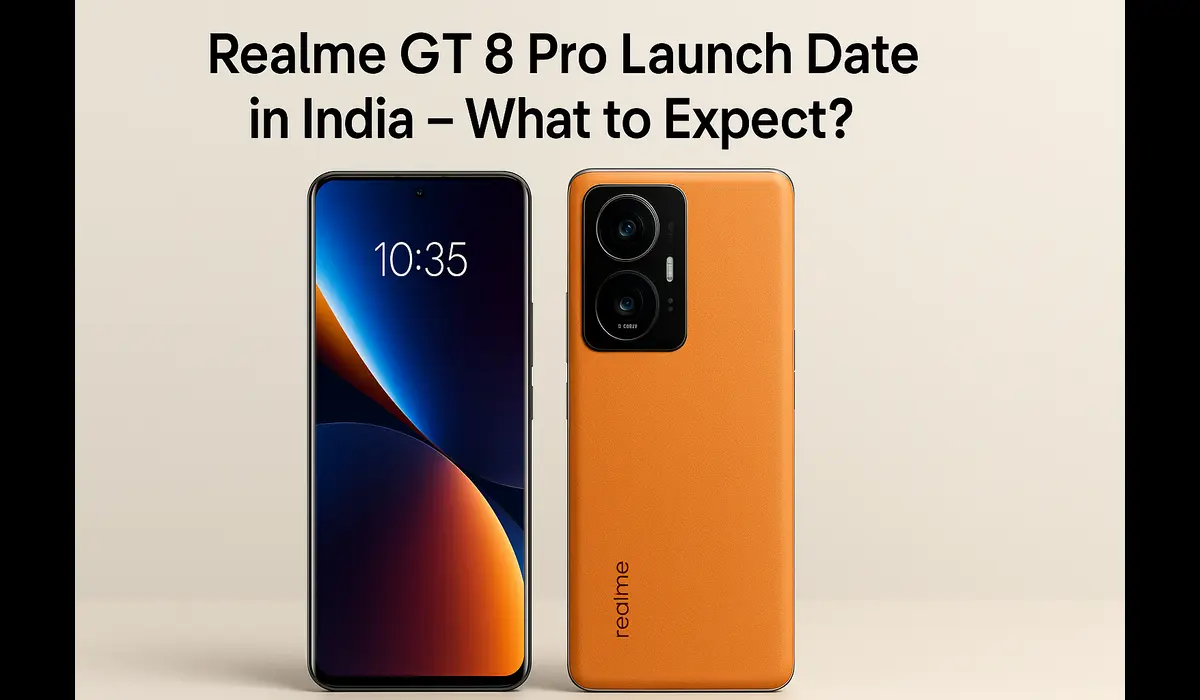 Realme GT 8 Pro Launch Date in India – What to Expect? Realme GT 8 Pro smartphone showing front display and orange leather back design, highlighting India launch