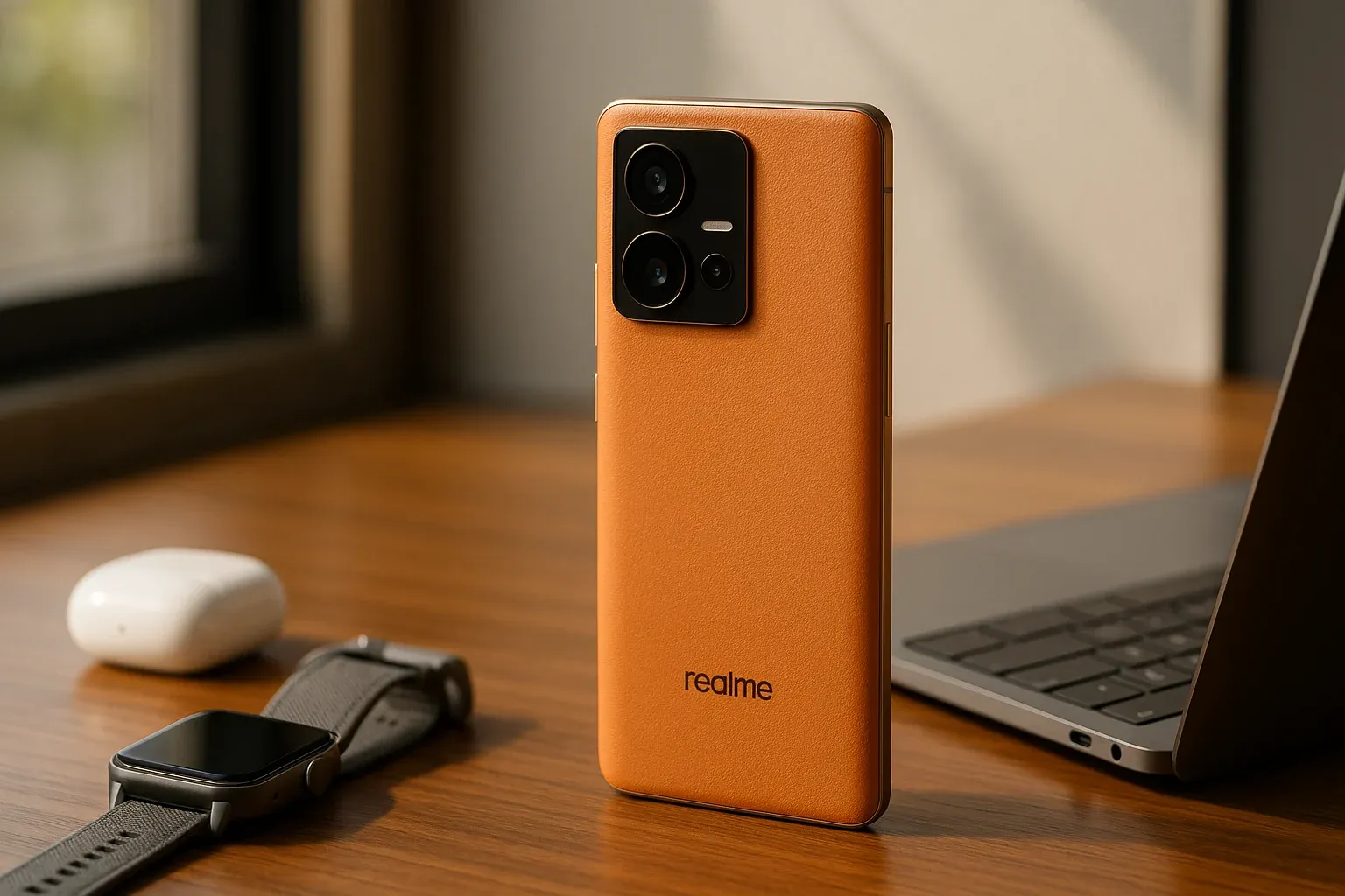 Realme GT 8 Pro on desk beside tech accessories and sunlight