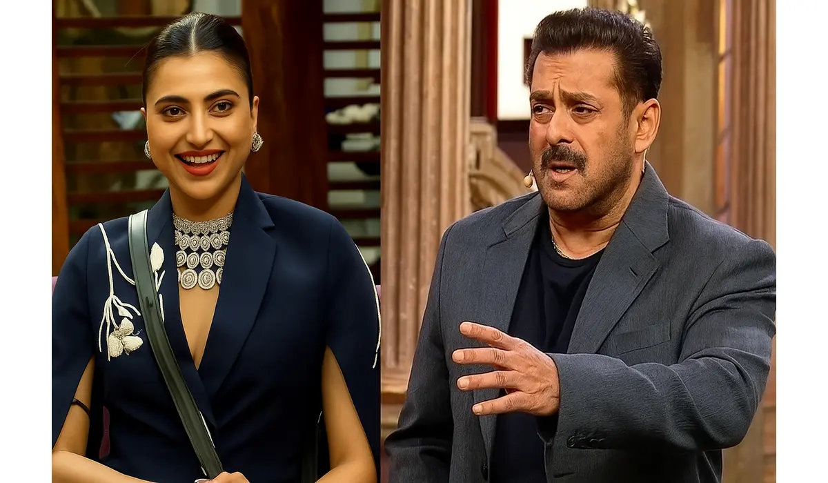 Is Salman Khan Really Biased? Why Farrhana Bhatt Fans Think So Split-screen image of Salman Khan addressing contestants and Elle smiling confidently during Bigg Boss 19 Weekend Ka Vaar.