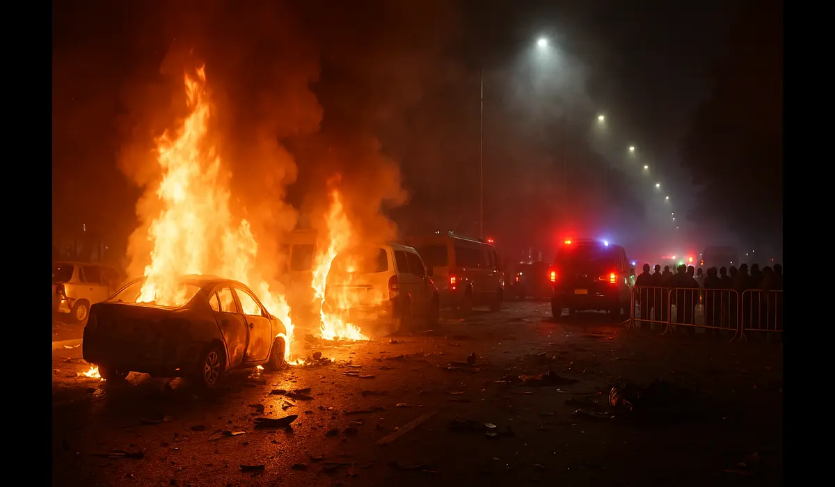 Crowd gathered near a burning vehicle after an explosion near Red Fort Delhi, with flames and smoke rising in the background.