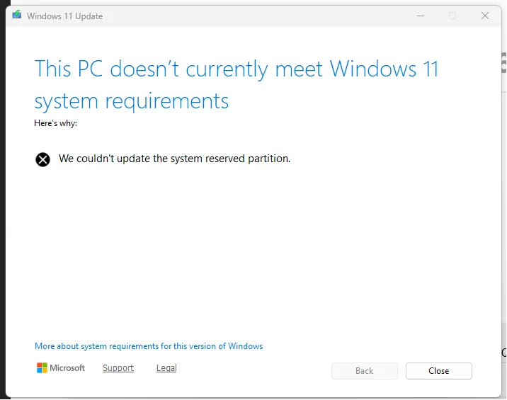 Windows 11 system reserved partition failure