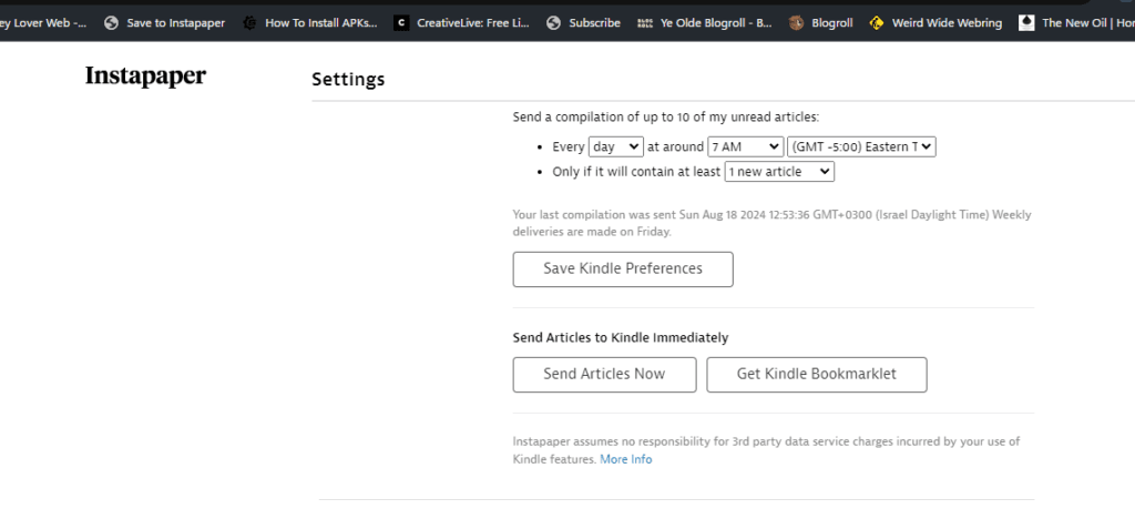 Instapaper send to Kindle Feature