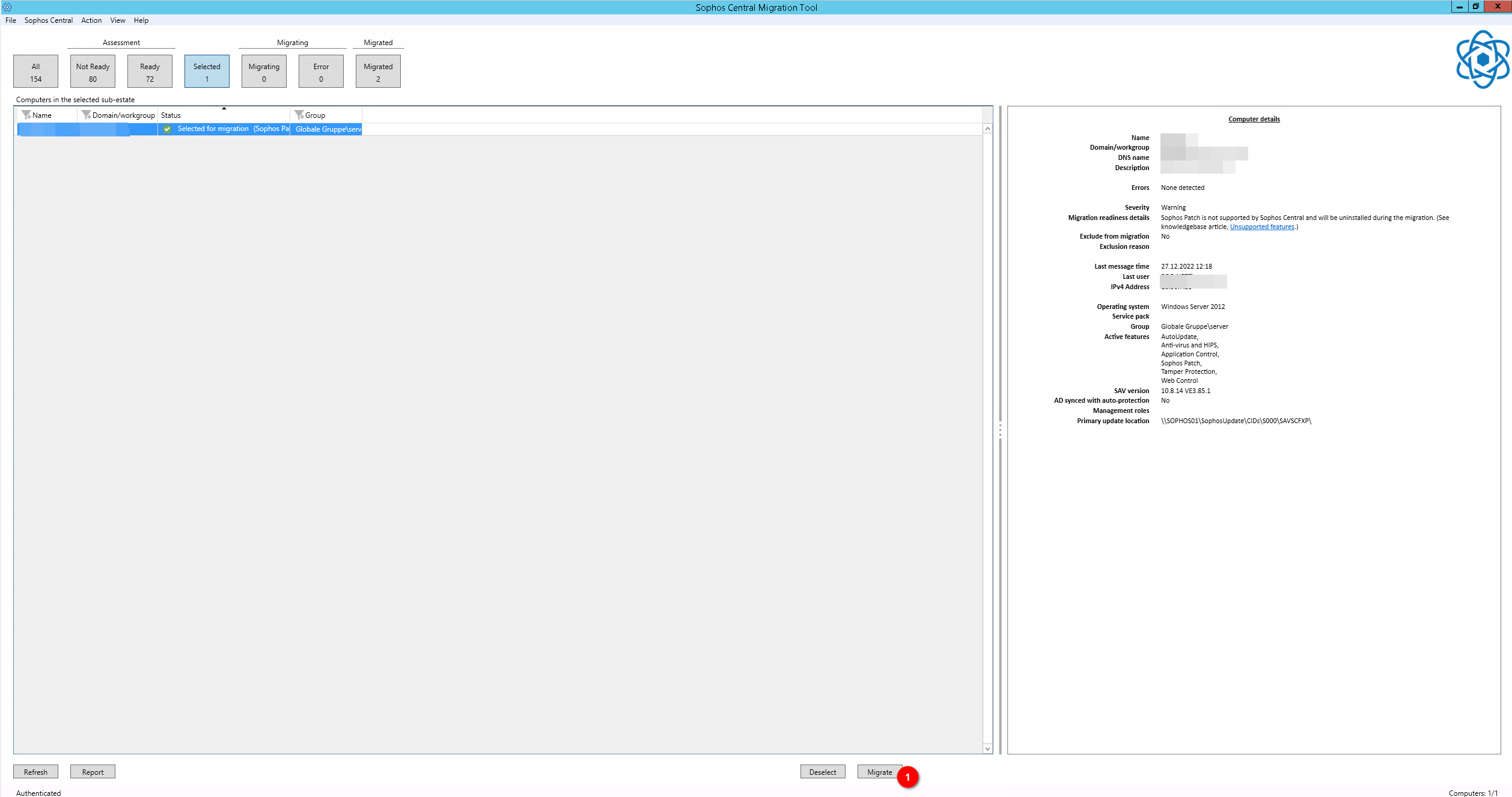 The "selected" pane of the Migration Tool