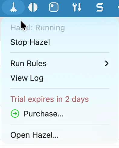 Hazel's trial countdown tucked away in the menu bar
