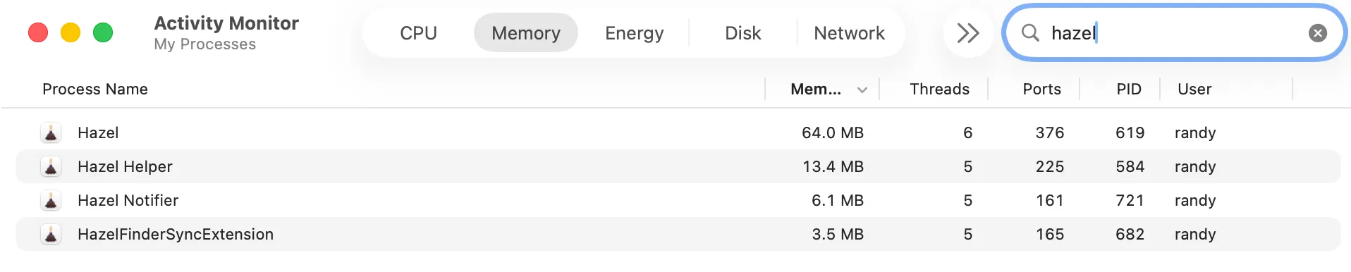 Hazel's memory usage in Activity Monitor