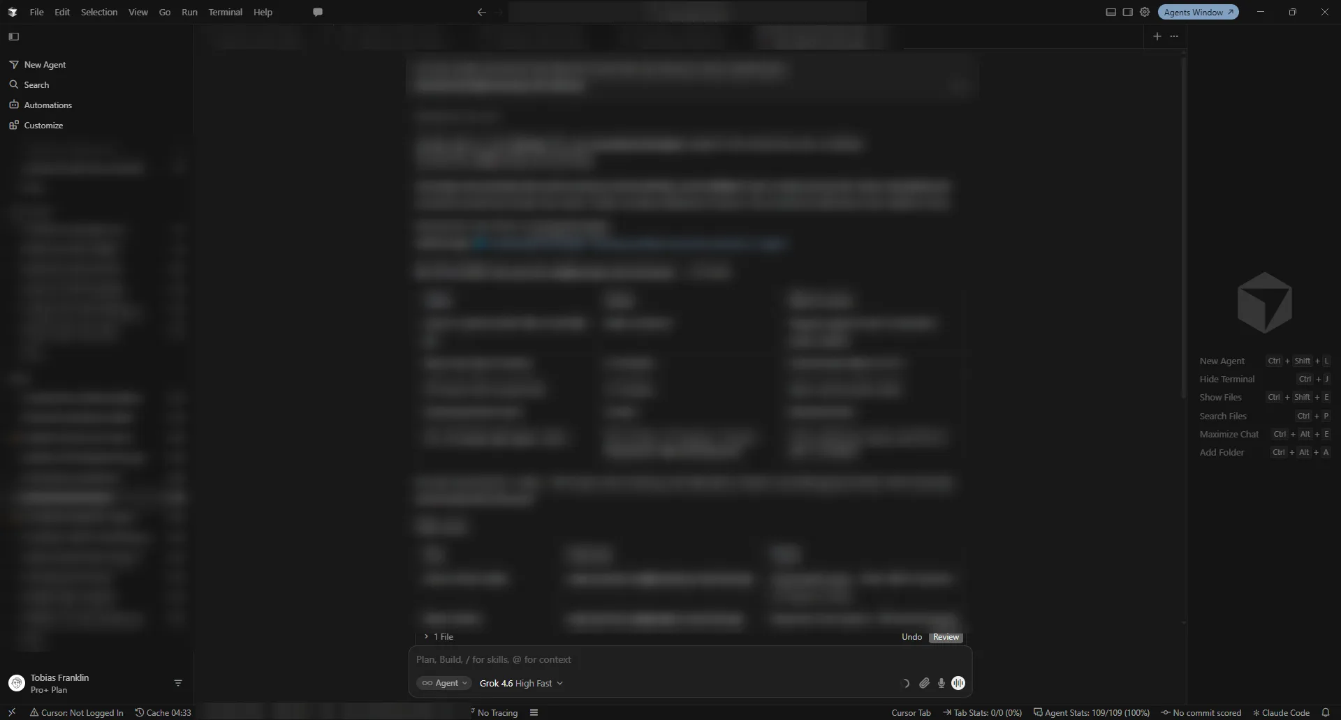 Cursor on Windows, with the chat list on the left, an agent conversation in the middle and the prompt box with the Agent mode and model picker at the bottom