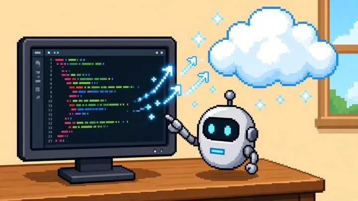 Pixel-art robot pointing at code on a monitor, with arrows flying into a cloud