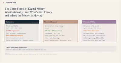Feature image for Learn with Siva article explaining stablecoins, tokenised deposits, and wholesale CBDCs as three jobs in digital money