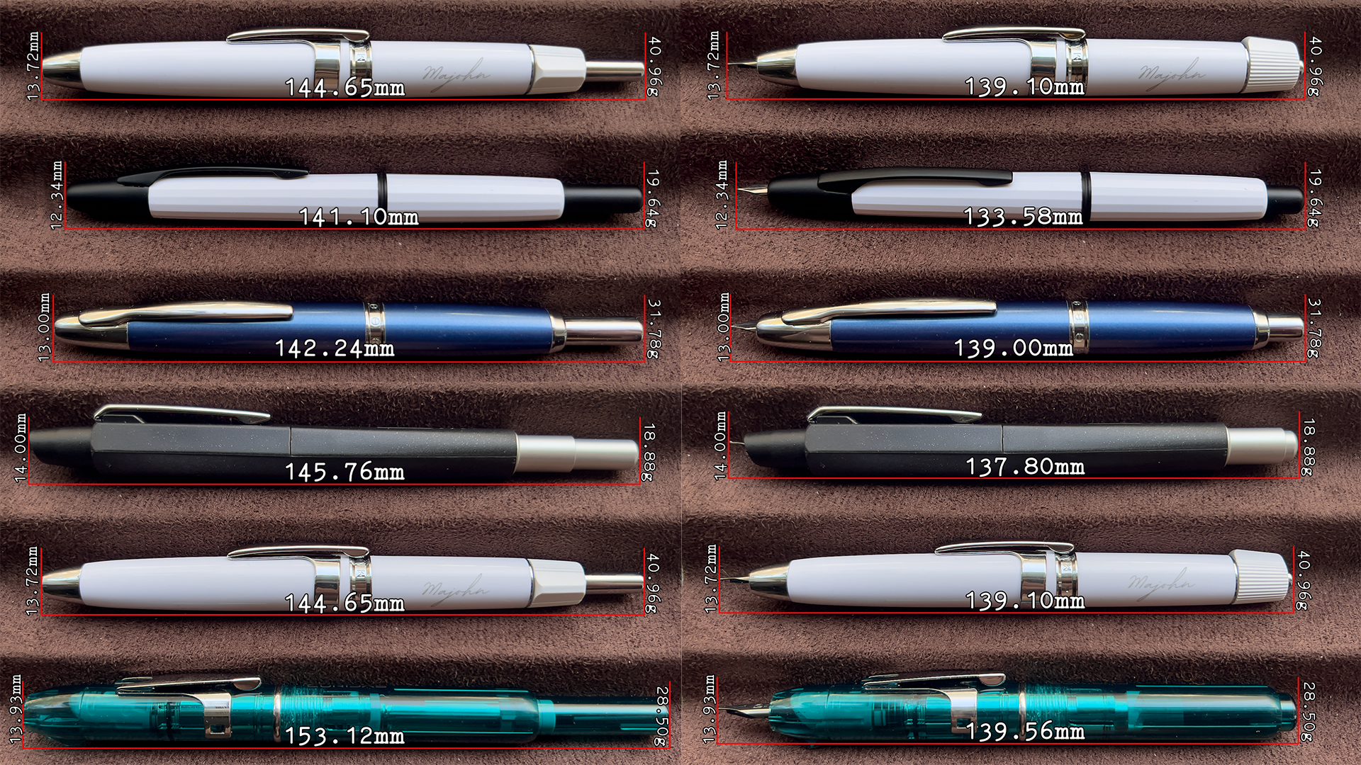 Overhead view of the Moonman/Majohn A1/2/3, the Endless Creator, & the Platinum Curidas. Length, width, & weight information has been superimposed on the image.