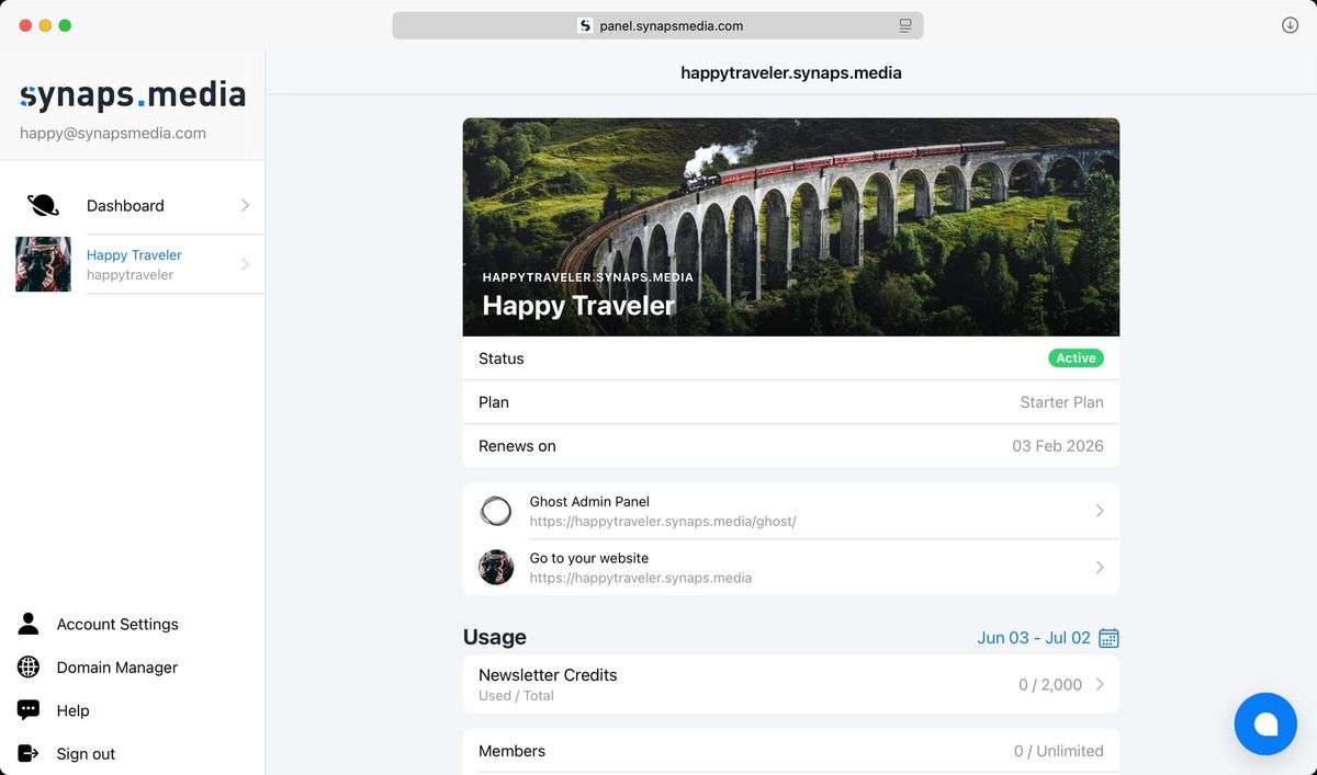 Management panel features including SSL, high performant DNS, and easy domain configuration
