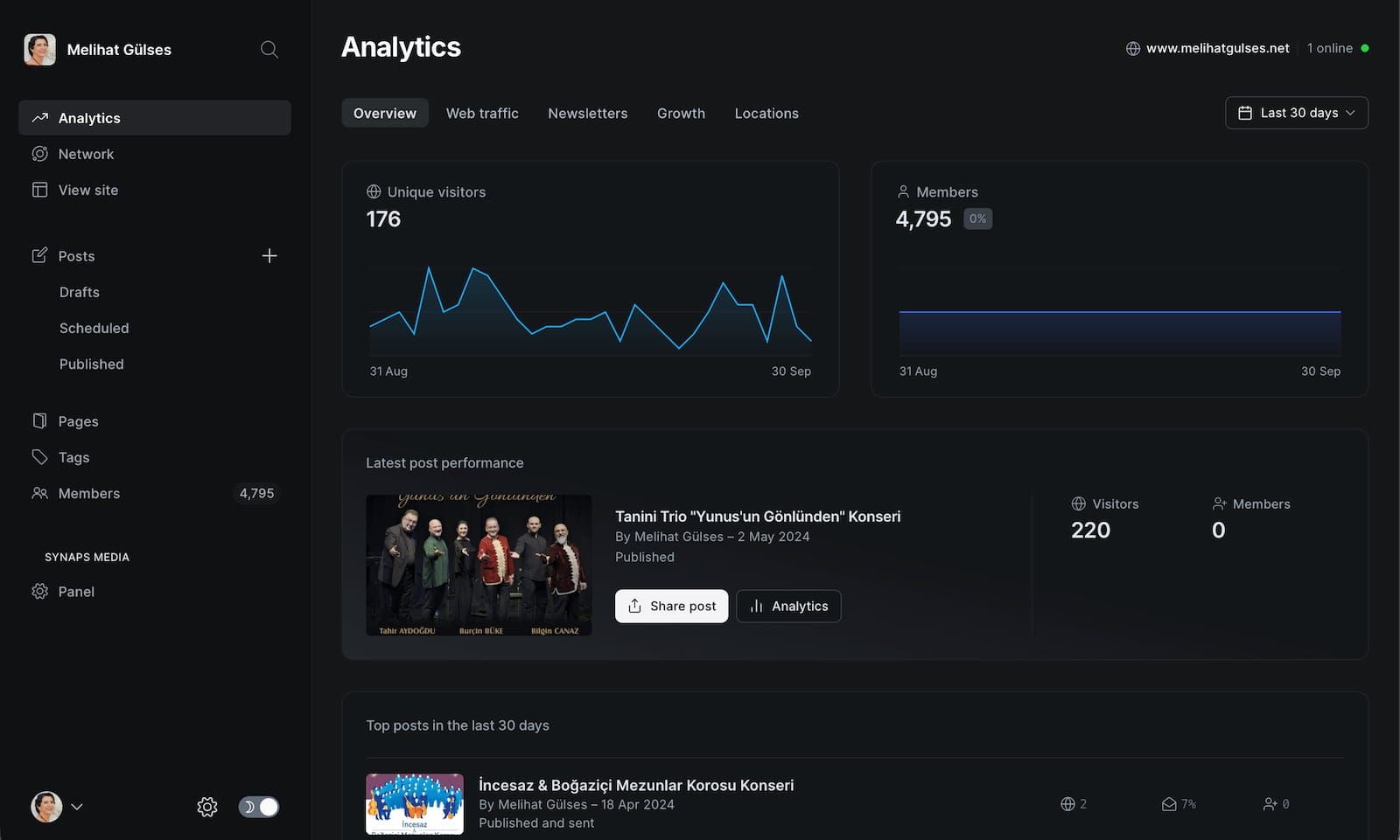 Synaps Media Ghost CMS hosting dashboard showing intuitive content management interface