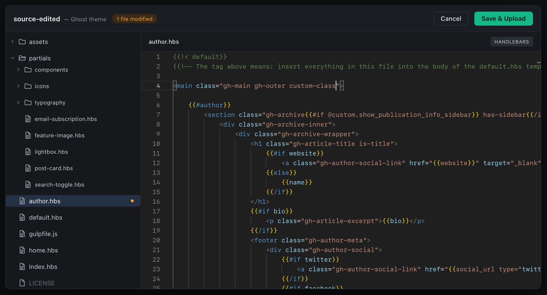 Screenshot of Ghost Theme Editor, showing an edited author.hbs file with a syntax highlighted code editor