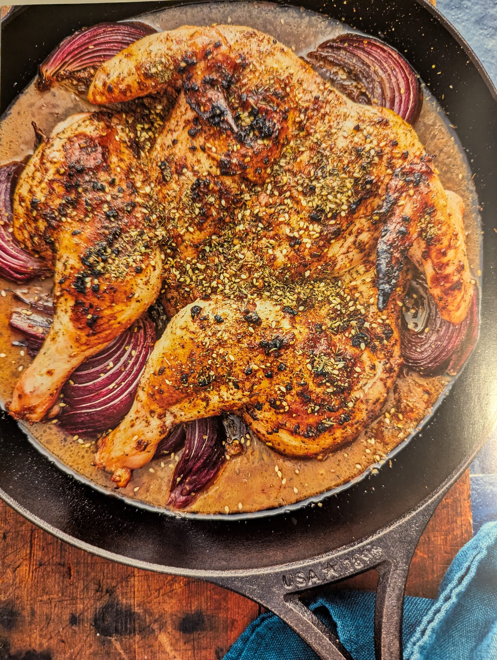 Cooked chicken and onions, with spices and sesame seeds on top, in a cast iron skillet