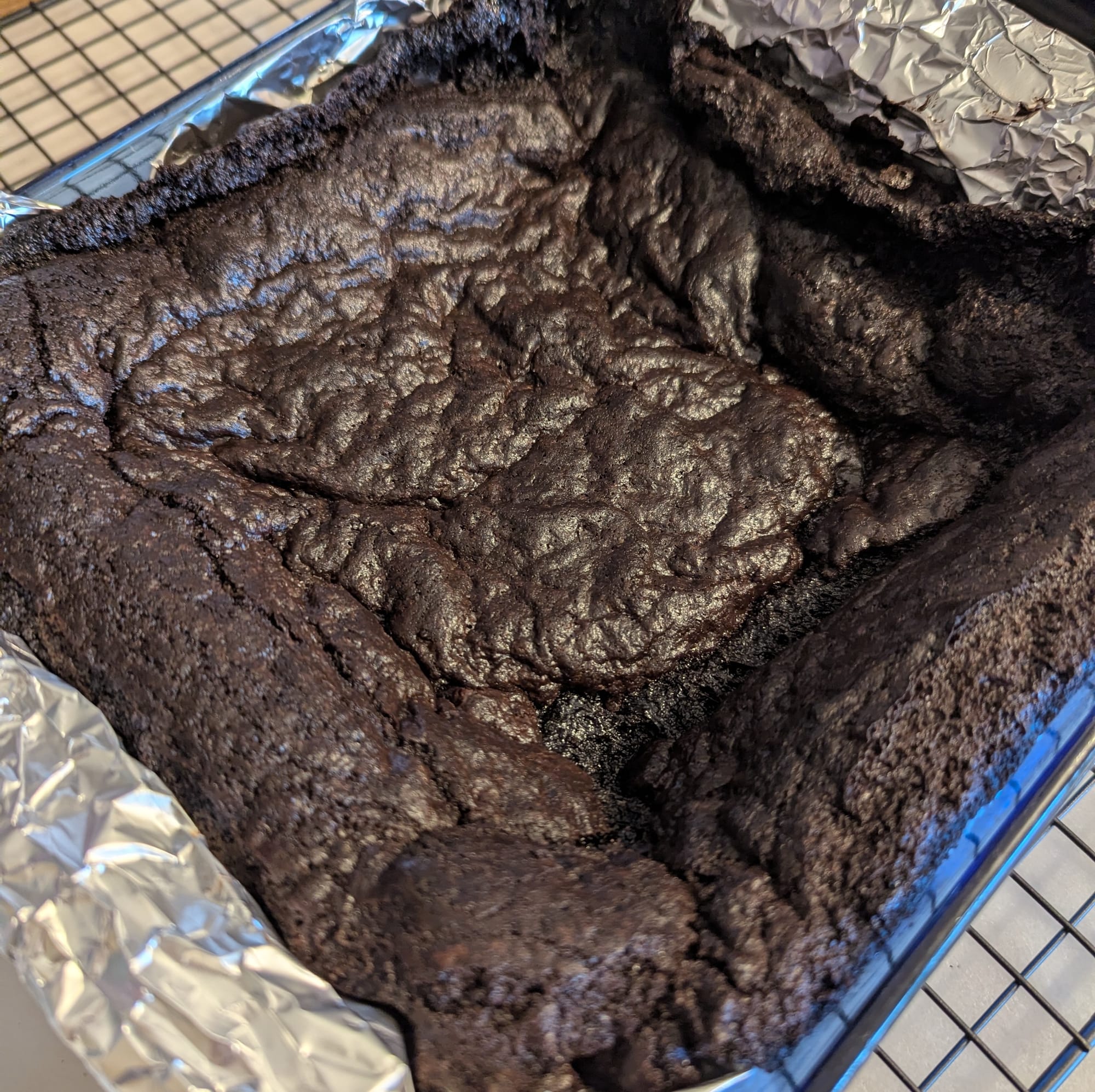 A pan of brownies fresh from the oven
