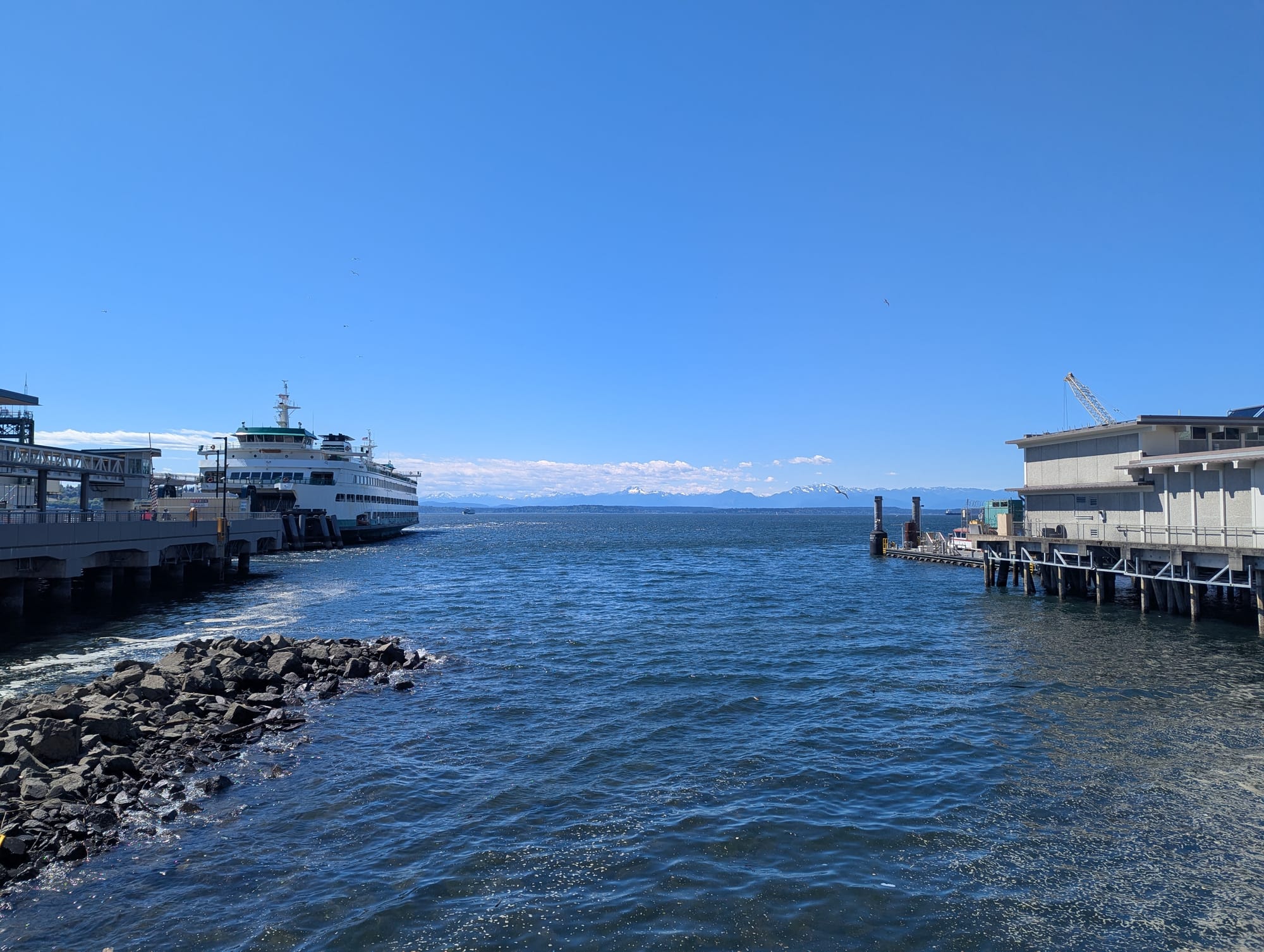 A wide-angle view of Elliott Bay from the Seattle Waterfront, with piers to the left and right. A ferry is docked at one of them. A snow-capped mountain range is in the far distance.