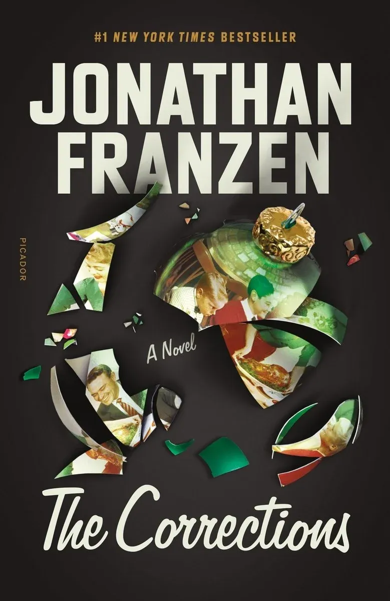 Book cover for "The Corrections," depicting a fractured Christmas ornament with a fragmented Norman Rockwell-like portrait of a family behind it