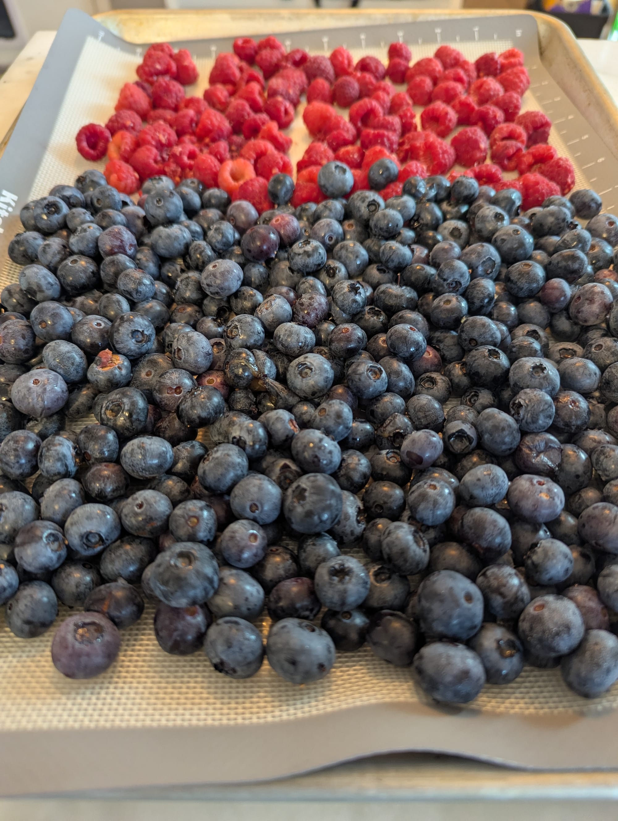 A baking sheet covered with freshly picked blueberries and raspberries
